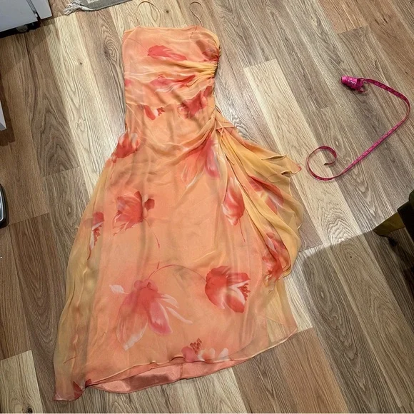 Vintage Shelli Segal Peach Silk Dress by Laundry Size 4 | Watercolor Gown - Picture 7 of 12
